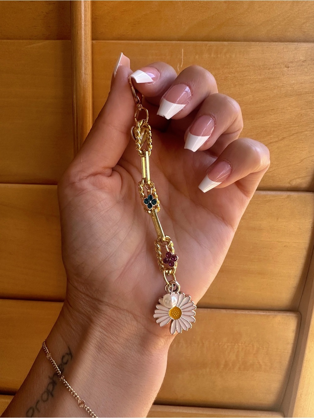 Gold Daisy Bag Charm with Enamel Flower Accents